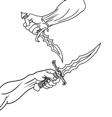 Black and white line art illustration of muscular hands gripping two jagged fantasy daggers.