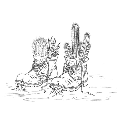 Two worn work boots with prickly cacti growing out of them, symbolizing resilience and harsh environments.