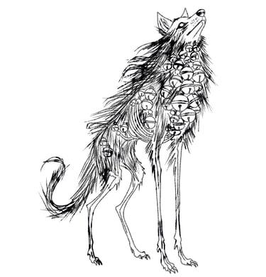Stylized black and white drawing of a skeletal wolf covered in many eyes, ominous eyes looking eyes and bells.
