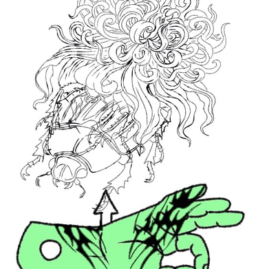 Surreal black and white sketch of a beetle under a flower with a green hand making an okay sign.