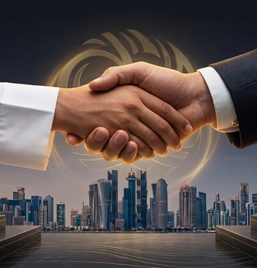A business handshake between a man in a thobe and a suit over the Doha Qatar skyline.