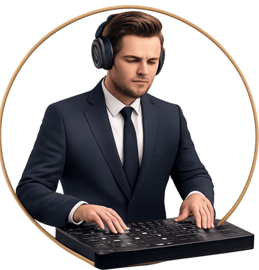 A circular portrait of a professional male DJ wearing a suit, framed by a thin gold circle.