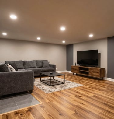 A cozy basement living area with warm wood flooring, recessed lighting, and a modern entertainment setup.