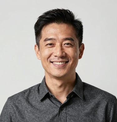 A sharp, centered portrait of a man in a ghost white background, professional and charismatic smile, charcoal gray shirt, high-end photography for personal branding.