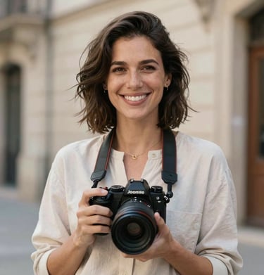 A portrait of Joana Mico, a professional photographer in a North American / European setting, smiling warmly, holding a camera, dressed in refined minimalist clothing.