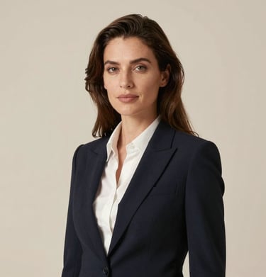 A sophisticated studio portrait of a woman in North American / European business attire, minimalist pale beige background, soft and flattering lighting, professional and luxurious mood.