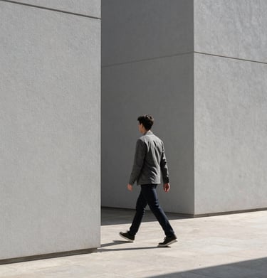 Outdoor lifestyle shot of a person walking through modern architecture with sharp lines. Natural sunlight and neutral gray tones. International / Professional.