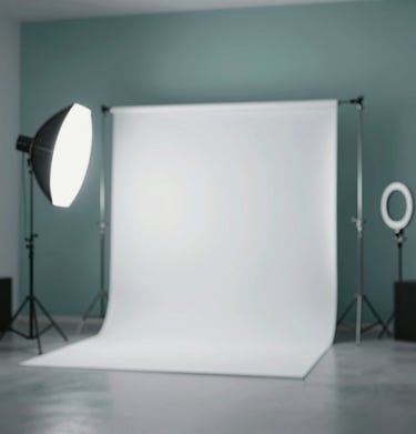 A modern casting room with a tripod and ring light, minimalist decor, Scandinavian style, ready for auditions, professional and elegant, with #1A5E63 details.