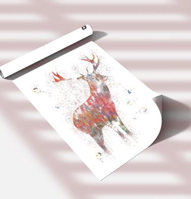 Affiche aquarelle d'un cerf, qui regarde de profil avec des tâches aquarelles