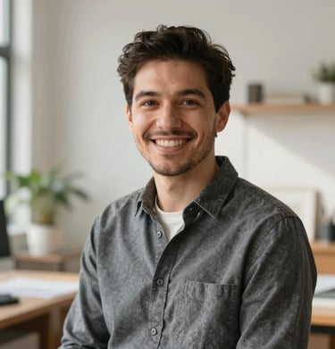 A warm, approachable portrait of the architect technician in their sun-drenched studio, smiling.