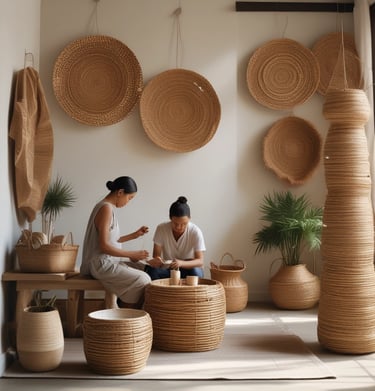 Two women weaving handmade wicker baskets in a studio with boho jute wall decor and woven furniture.