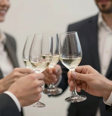 Close-up of hands clinking glasses at a corporate event, focused on the human connection, soft #8C847E and #F2F1ED background.