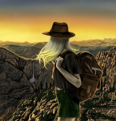 A blonde female hiker with a backpack and hat looks at a mountain sunset and waterfall.