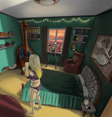 Blonde woman in a dinosaur-themed bedroom with a Brachiosaurus statue, telescope, and fossil art.