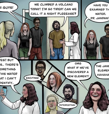Comic strip showing scientists and hikers discussing a mysterious element found in volcano water samples.