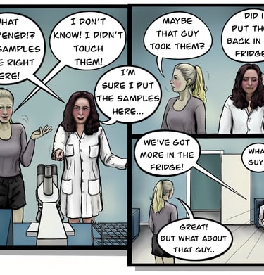 A comic strip showing scientists in a lab panicked over missing research samples.
