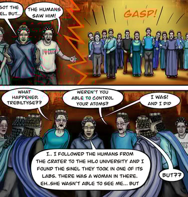 Comic strip featuring telepathic aliens with jewel-studded foreheads discussing a mission to Hilo University.