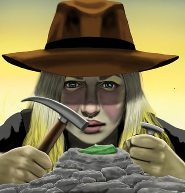 A blonde female archaeologist wearing a brown fedora hat uses a hammer to extract a green gemstone from rock.