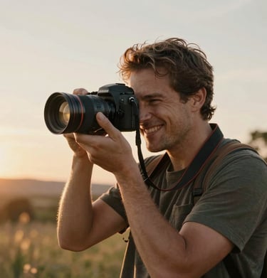 Warm, cinematic portrait of a photographer holding a camera, smiling authentically in a North American outdoor setting at sunset.