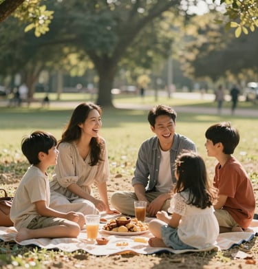 A family picnic in a North American park, candid laughter and genuine interaction. Sun-drenched afternoon light, Soft Sand highlights and Terracotta accents.