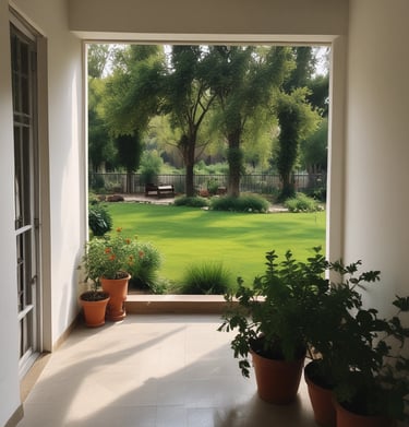 An elderly person wearing an orange robe stands facing a man seated in a dark entrance. A large dog sits nearby, looking towards the viewer. The setting is rustic, with a wooden structure in the background and shelves holding clay pots.