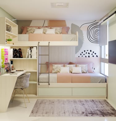 Quarto de filhos com beliche e iluminação natural e tons neutros em apartamento pequeno SP