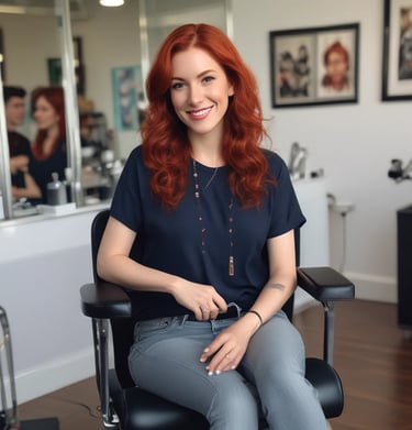 An interior space of a hair salon featuring an orange hair dryer hood prominently in the foreground. Below it is a black salon chair and a washing station. Natural light filters through large windows with beige curtains, casting a warm ambiance. The room has a minimalist decor, with a whiteboard and a small table visible in the background.