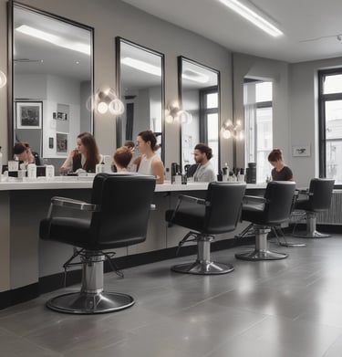 A black and white photo of a modern hair salon with several people engaged in hair cutting and styling activities. The room has contemporary lighting fixtures and decorative elements, including a painting of Buddha and small statues. The salon has a polished tile floor and various salon equipment such as a barber chair and a cart.