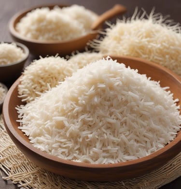 A close-up of fragrant basmati rice in a wooden bowl.