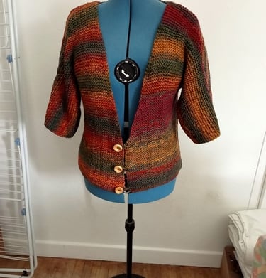 Vest original tricoté dans un fil multicolore se ferme par 3 boutons et les manches trois quart