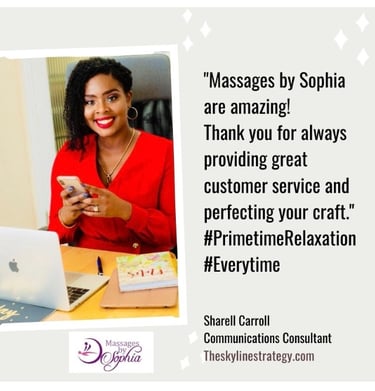 a woman in a red shirt and a laptop reviewing massages by sophia