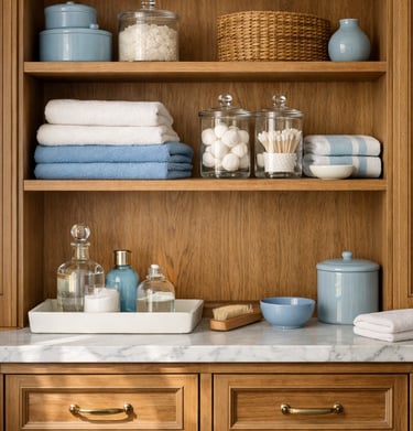 Organized bathroom storage with folded towels and containers