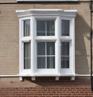 A large, rectangular window with multiple panes arranged in a grid pattern. The glass appears to be frosted or opaque, allowing minimal visibility to the outside. The window has simple metal latches for opening the panes, and there is a small green sign on the left side.