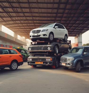A person is carrying a heavy bag labeled 'RAMCO' over their shoulder. The person is wearing a head covering and a pink cloth around the neck while loading bags into a vehicle.