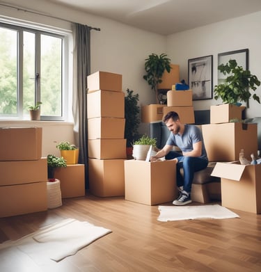 A pickup truck loaded with a variety of household items and furniture, secured with netting. The cargo includes a guitar, plastic bins, a mattress, and children's toys such as a tricycle and a baby walker. The truck is parked on a street adjacent to buildings and a tree, with some traditional lanterns hanging from a storefront.