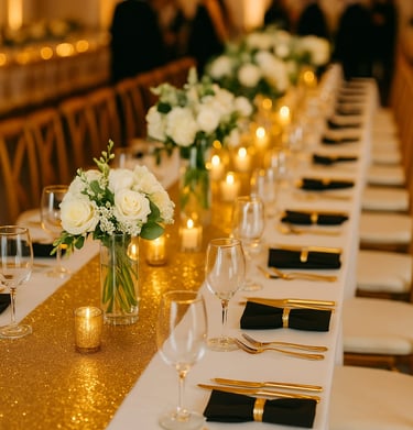 montaje de mesa para graduación con flores naturales y mantelería negra con detalles dorados 