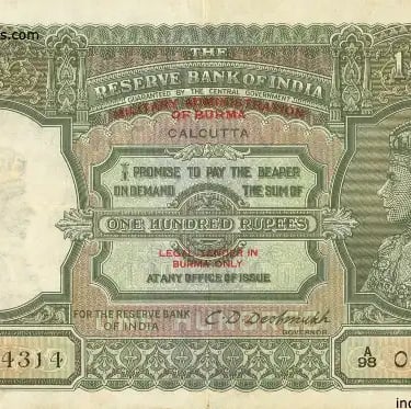 100 Rupees King George VI Burma Overprint
