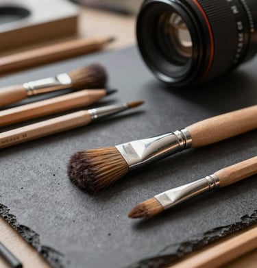 Close-up of professional art tools, brushes, and pencils resting on a charcoal gray work surface in a creative studio.