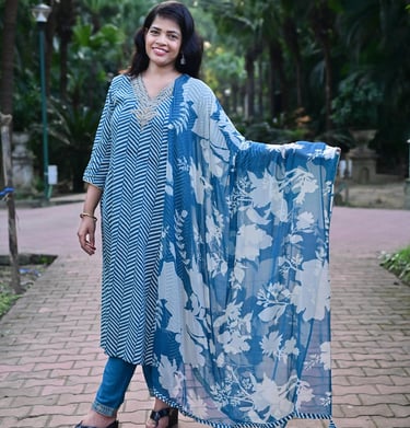 full-view-of-blue-leheriya-satin-kurta-set-with-lace-detailing-on-pants