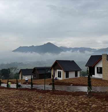 a row of houses with a mountain in the background