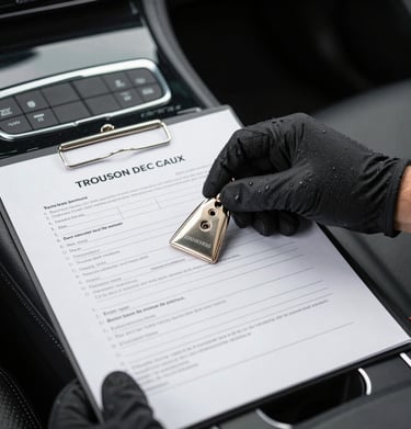 A driver carefully loading a vehicle onto a transport trailer under a clear blue sky.