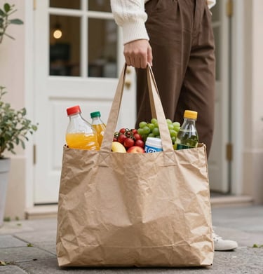 A bustling urban street scene with a delivery vehicle parked, driver handing over a package to a smiling customer.