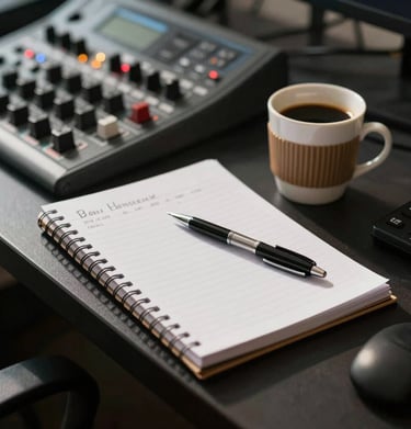 A close-up of a sound technician's notepad and a pen next to a coffee cup on a console, suggesting a creative and professional planning session. Southern European / Spanish afternoon light.