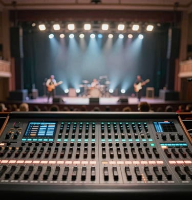 A view from the sound engineer's perspective at a live concert. The foreground shows a soundboard, and the background shows the stage lights reflecting in muted blue and off-white. Southern European / Spanish concert hall.
