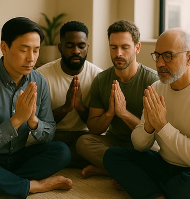 a group of men sitting on the floor with their hands together