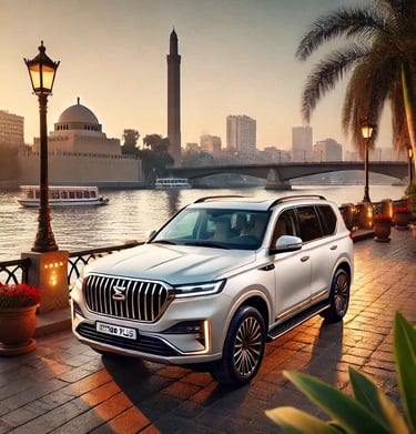 A luxury Jetour X90 Plus is seen on a desert road with a background of sand and clear skies, showcas