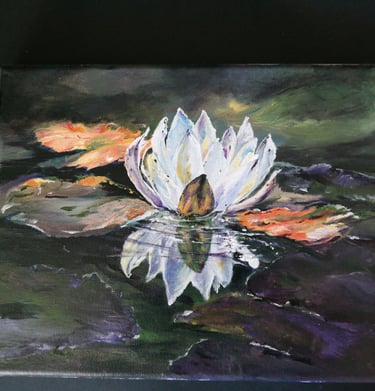 a painting of a white water lily  and its reflection