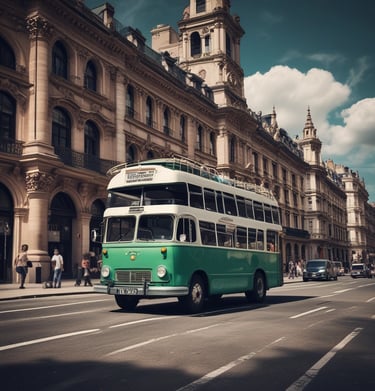 A group of travelers boarding a colorful bus.