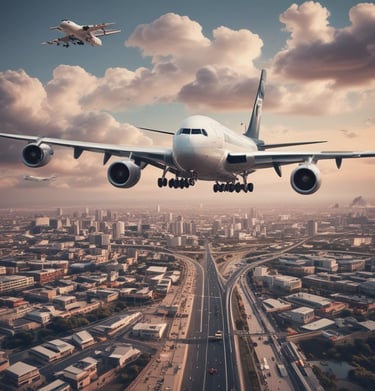 A vibrant city skyline with various modes of transport.