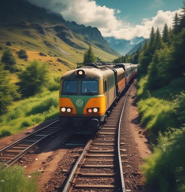 A train traveling through lush green countryside.